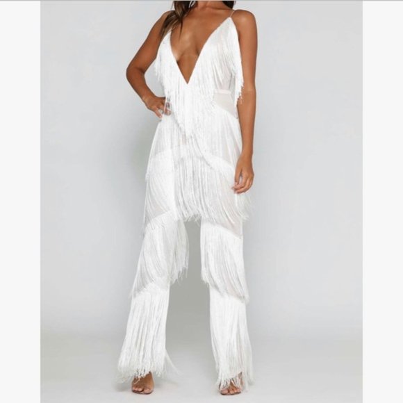 Meshki Malia Fringe Jumpsuit White XS - Picture 2 of 6